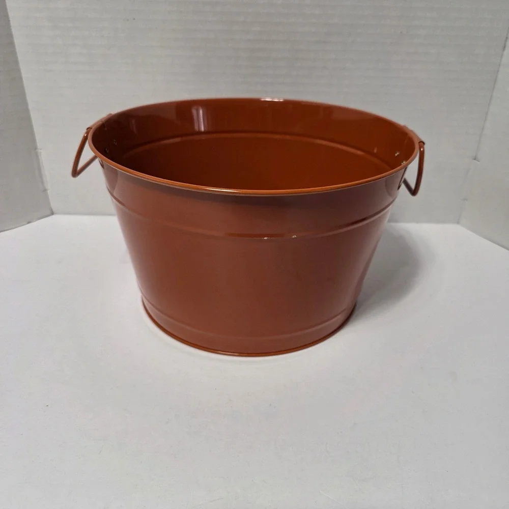 Farmers Fall Market Burnt Orange Metal Bucket with Handles 10 Inch Round
